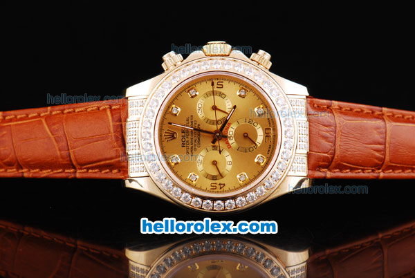 Rolex Daytona Oyster Perpetual Swiss Valjoux 7750 Chronograph Movement Full Rose Gold Case with Khaki Dial and Diamond Markers/Bezel-Brown Leather Strap - Click Image to Close